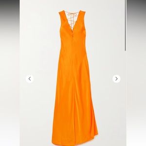 Frame Lace-up Satin Midi Dress in Tangerine